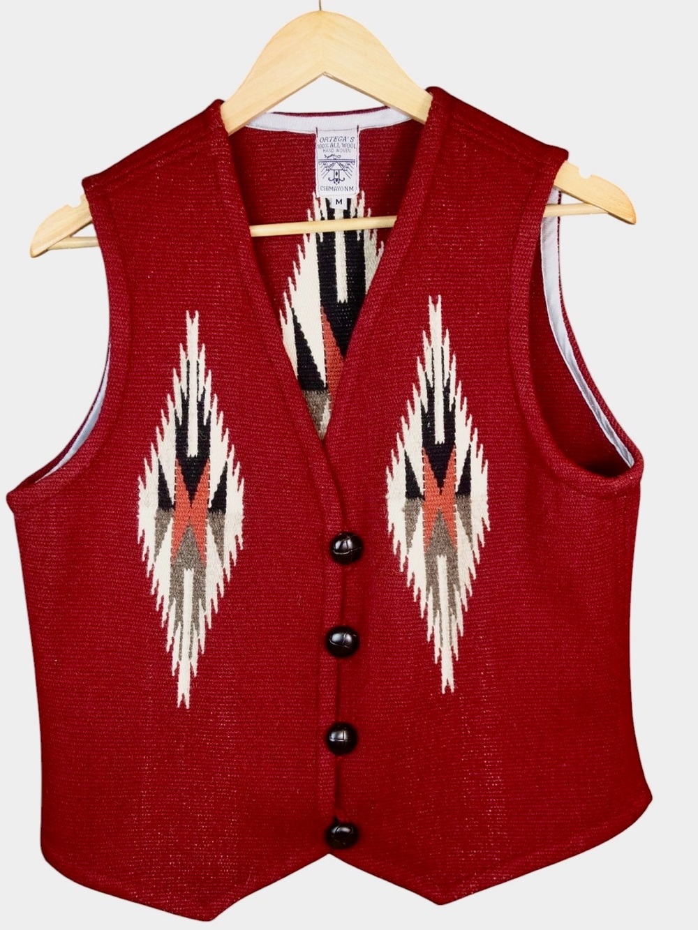Vintage Men’s M Red Vest Woven  Ortega Family. Chimayo Handspun Wool